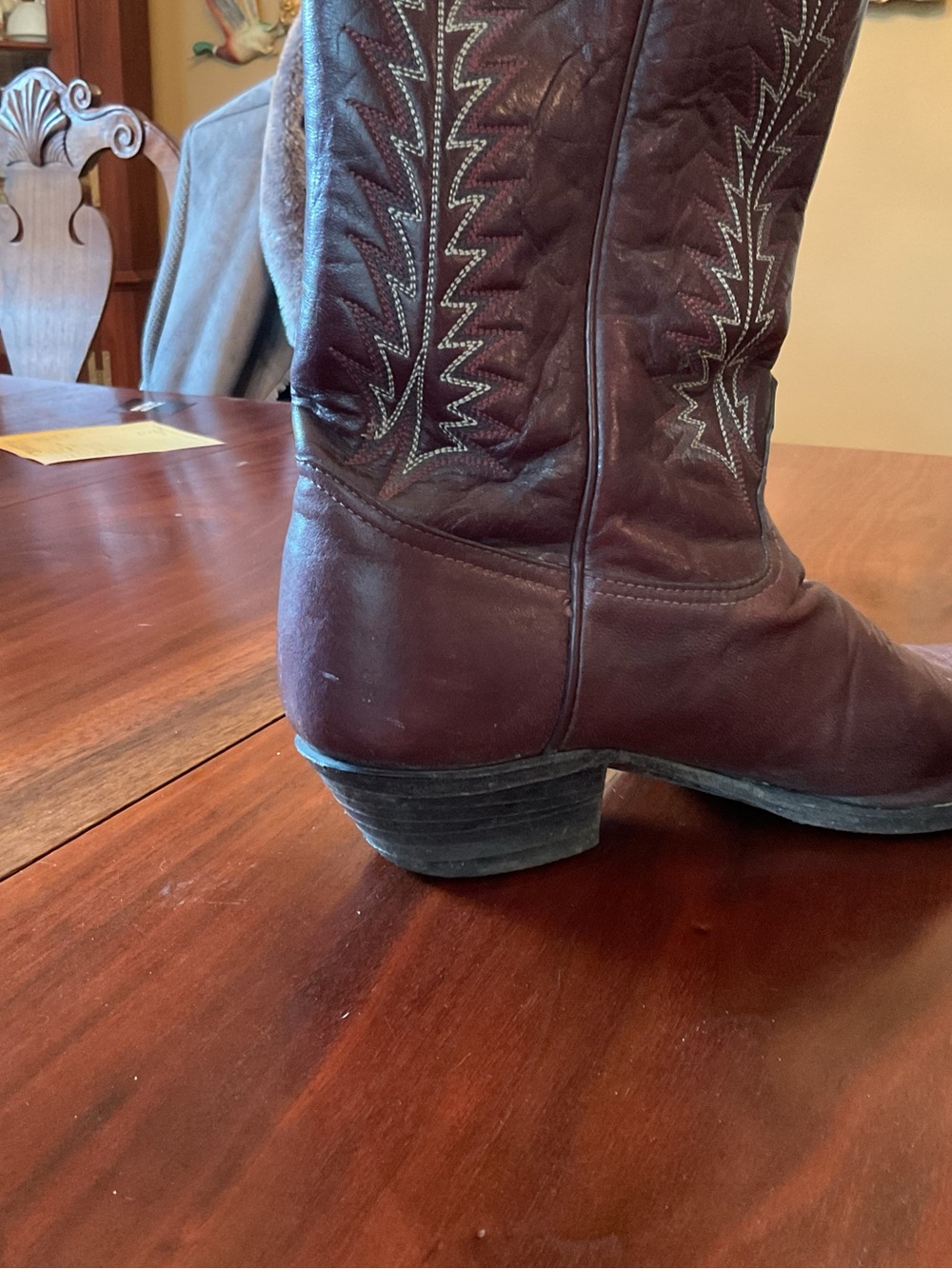 Tony Lama Burgundy Leather Western Boots with Decorative Stitching - Picture 6 of 11